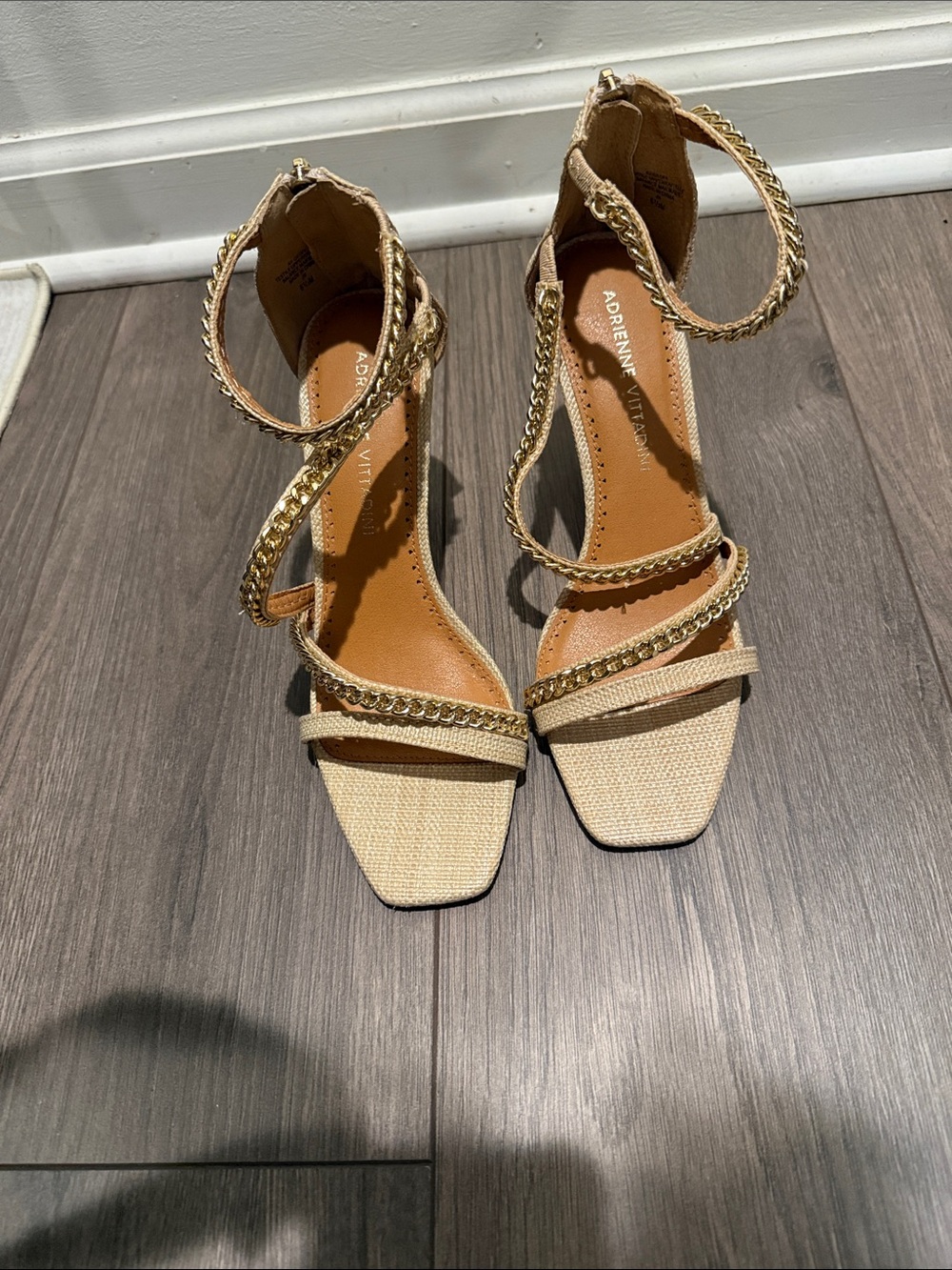 Adrienne Vittadini Beige Strappy Heels with Gold Chain Accents
